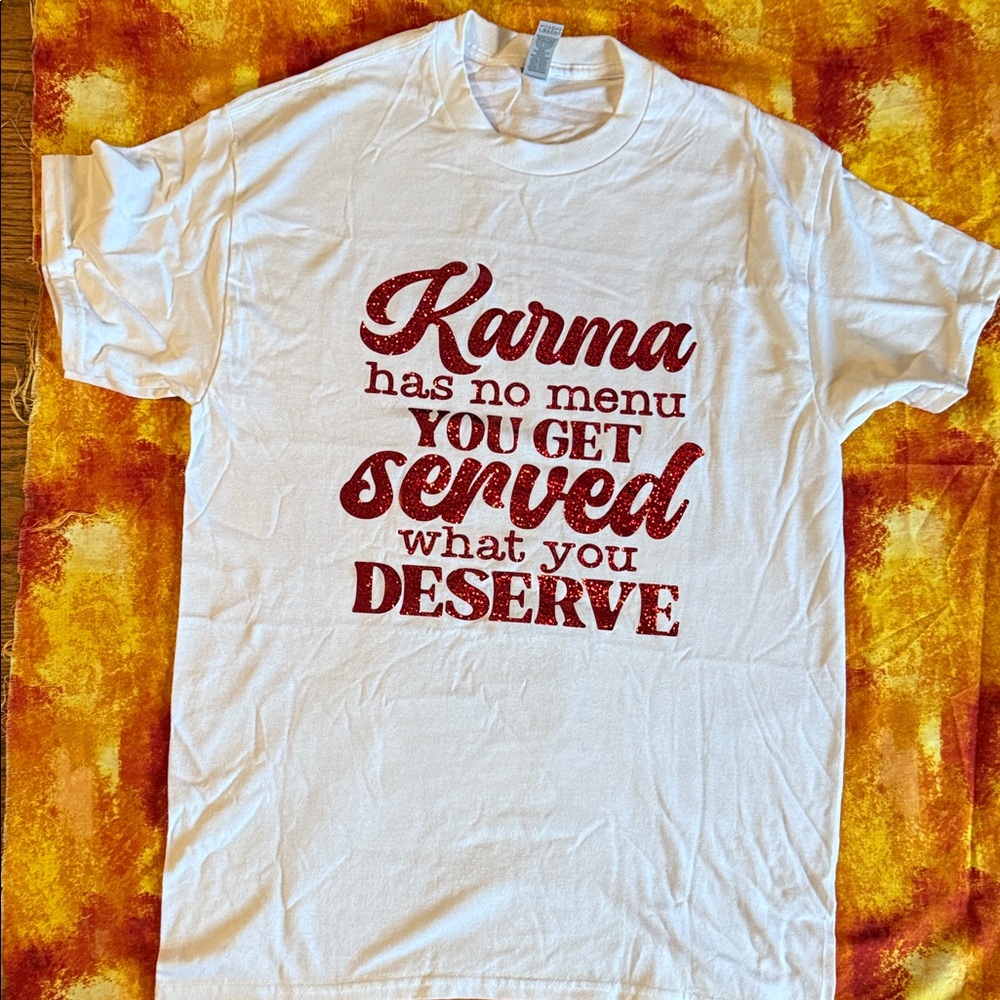 Gildan White Tee with Red Karma Graphic- Medium